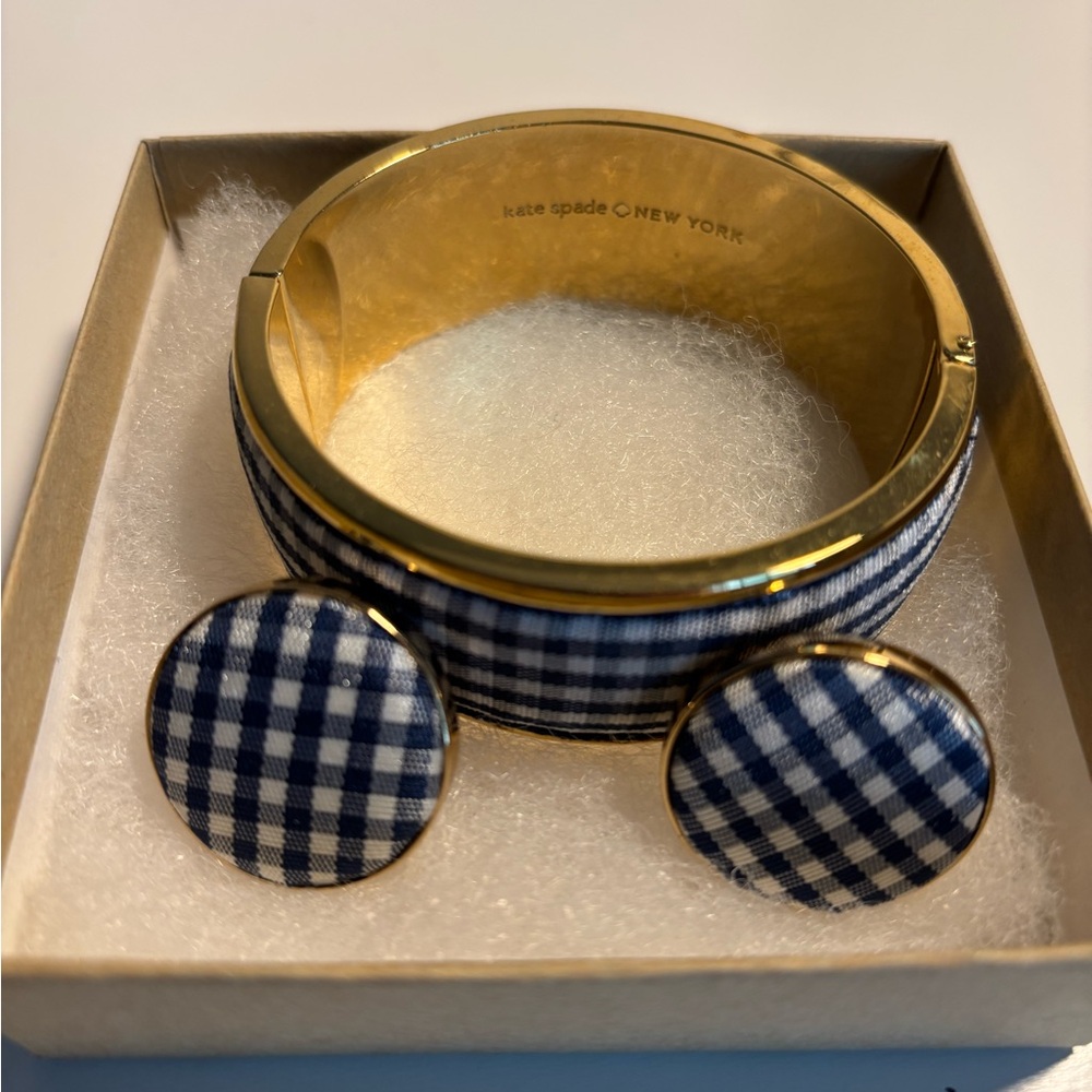 kate spade Navy Gingham Gold-Tone Bangle with Matching Stud Earrings